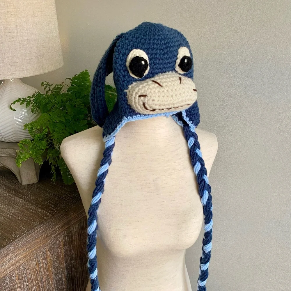 Handmade Eeyore Crochet Hand Crocheted Kids‎ Childrens Hat Purple Blue One Size